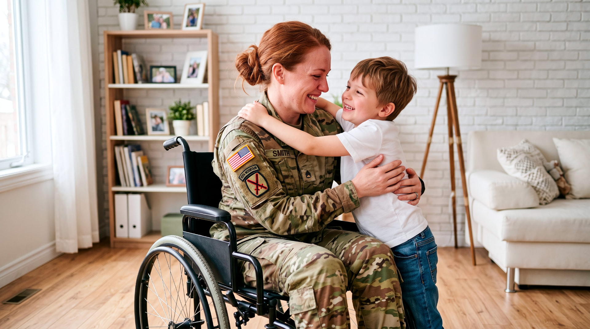 Disabled military veteran in a wheelchair smiling and hugging her young son at home