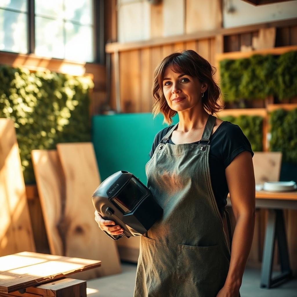 Elena Vance, the 2026 Yard Reboot Artist in Residence, standing in her Austin fabrication studio holding a welding helmet.