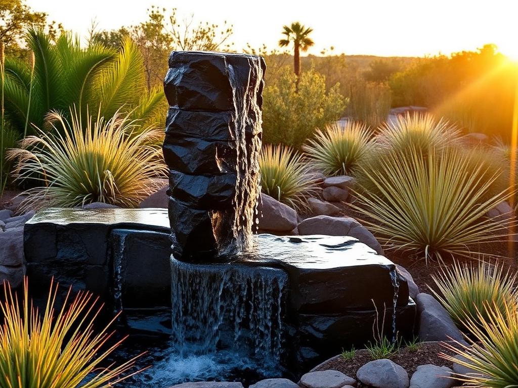 Carved dark basalt column fountain with water sheeting down its face, set among native Texas grasses at golden hour.