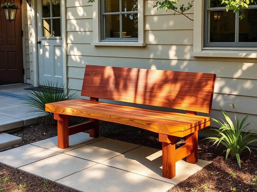 Handcrafted western red cedar bench with engraved detailing on a swept patio beside native plantings.