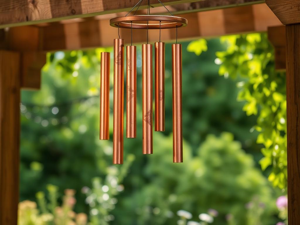 Handmade copper and cedar wind chimes hanging from a garden pergola with soft greenery behind.