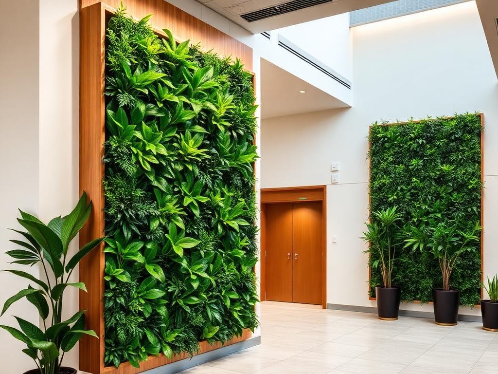 Modular living green wall of lush foliage panels mounted in a modern lobby with warm wood accents.