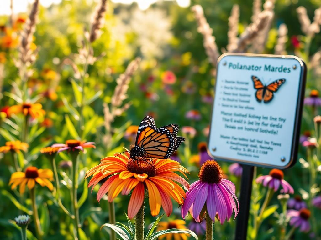Welded steel and acrylic botanical marker signs standing in a pollinator garden with monarch butterflies on native flowers.