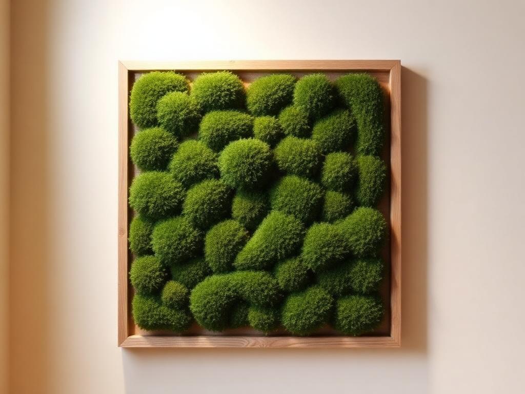 Framed preserved reindeer moss acoustic panel in a salvaged white oak frame mounted on a warm off-white wall.