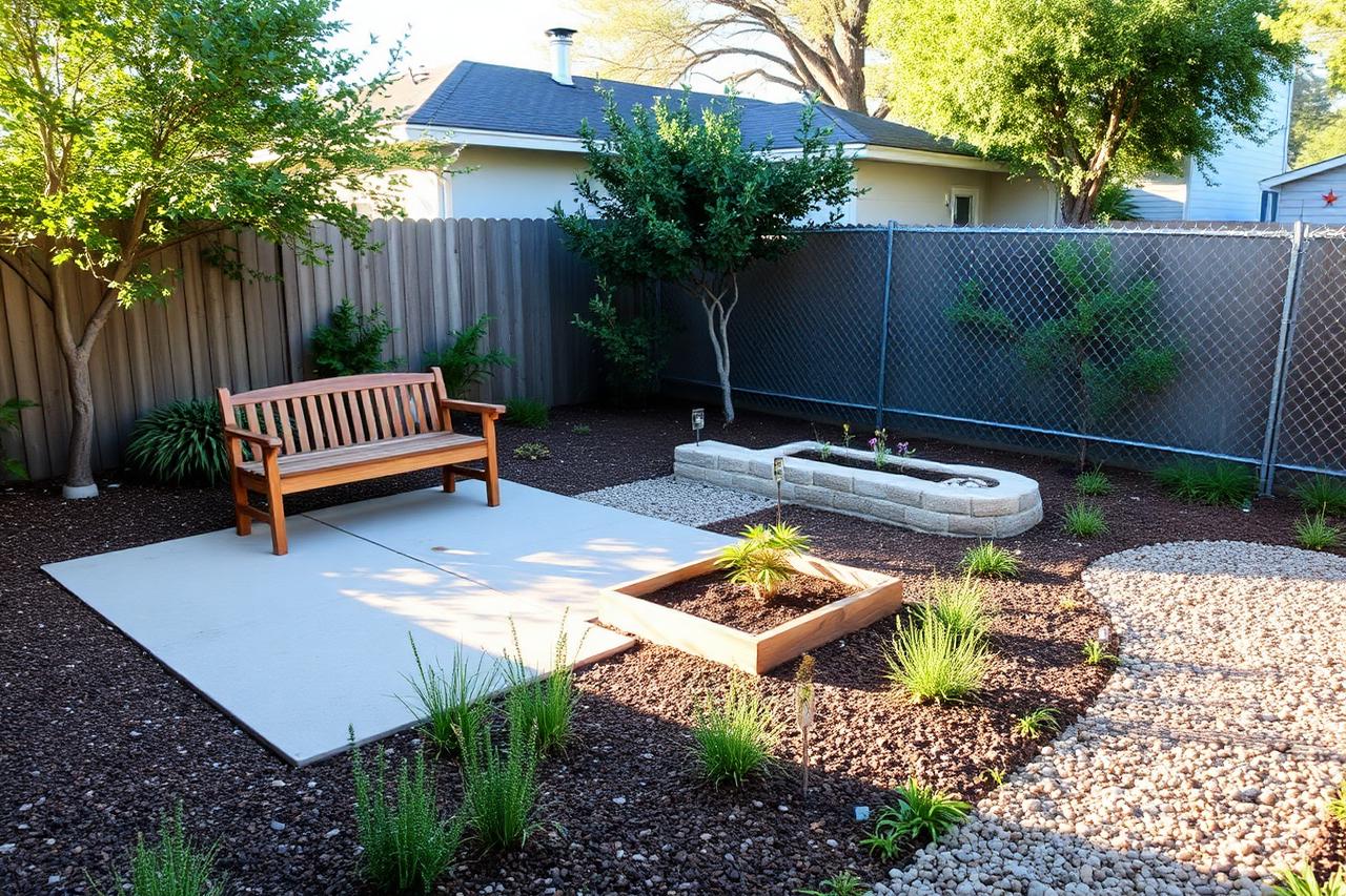 The same backyard after restoration, with a cedar rest bench, native pollinator beds, and a sculptural water feature.