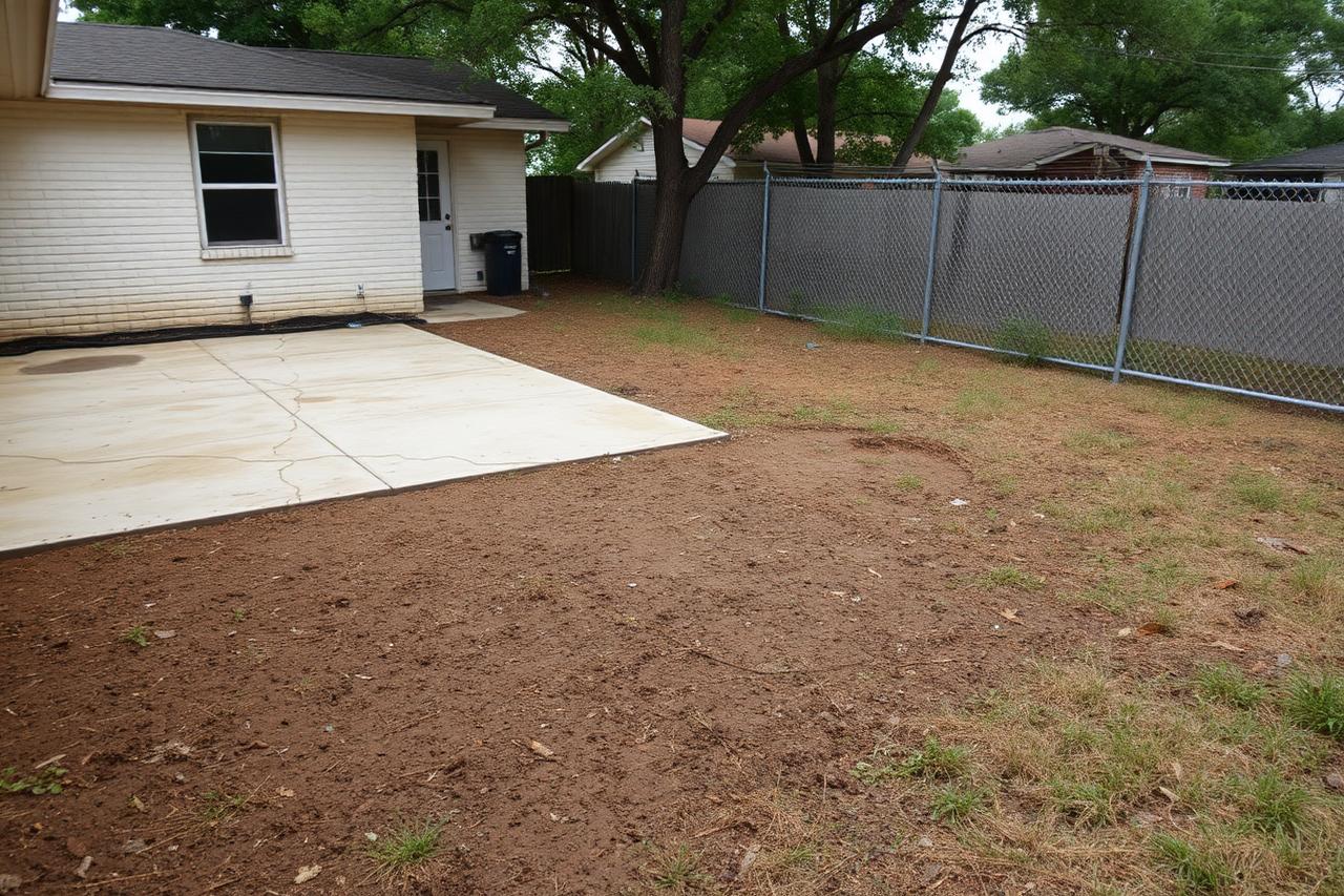 A neglected Austin backyard before the artist residency installation, with bare dirt and overgrown brush.