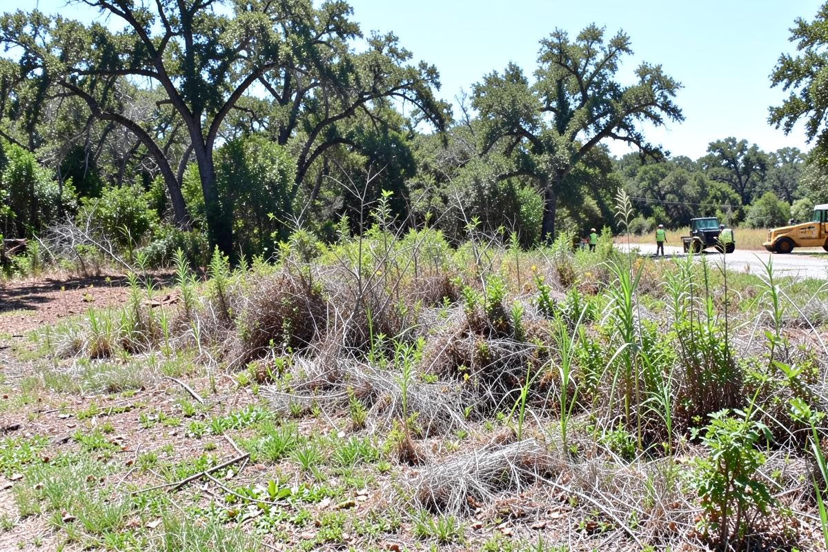 Central Texas lot partway through brush and weed abatement, with cleared ground on one side and heavy overgrowth on the other