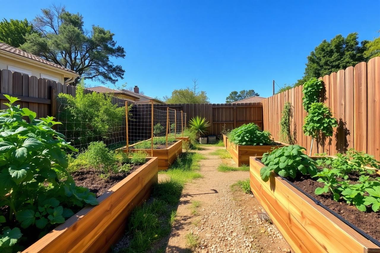 Cedar raised garden beds with vegetables and drip irrigation lines along a wide accessible path in a Texas backyard