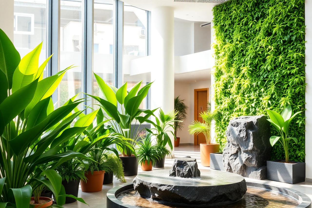 Living green wall, tropical potted plants, and a bubbling basalt fountain in a bright commercial lobby