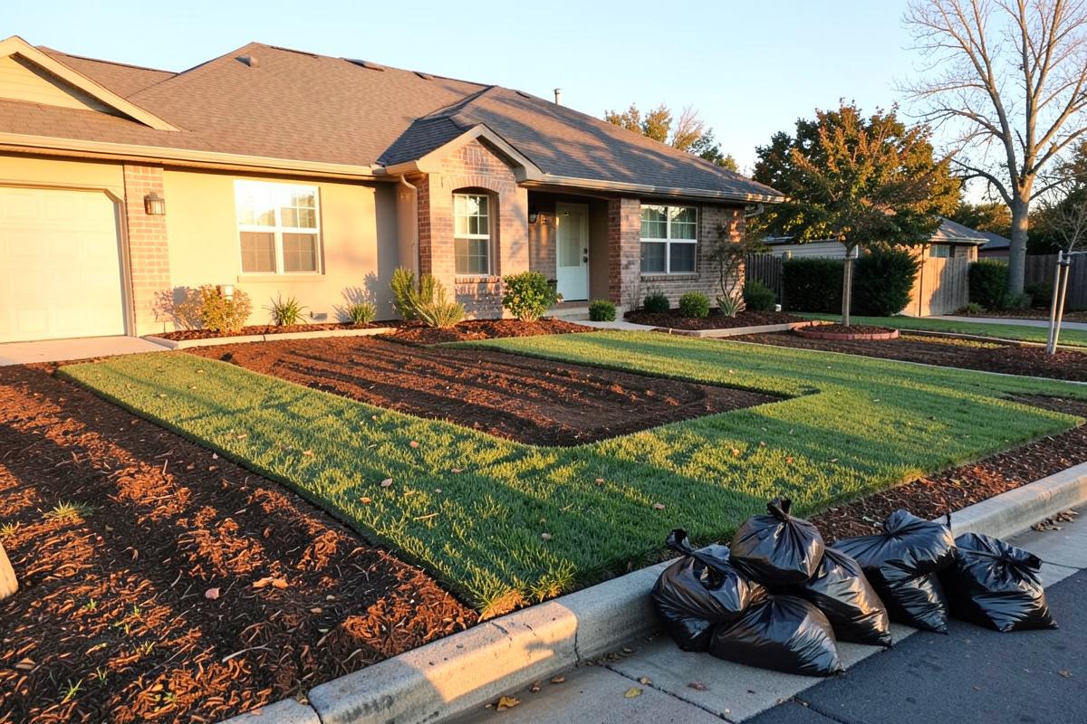 Austin front yard after a full cleanup, with mowed turf, freshly edged mulch beds and bagged yard waste at the curb