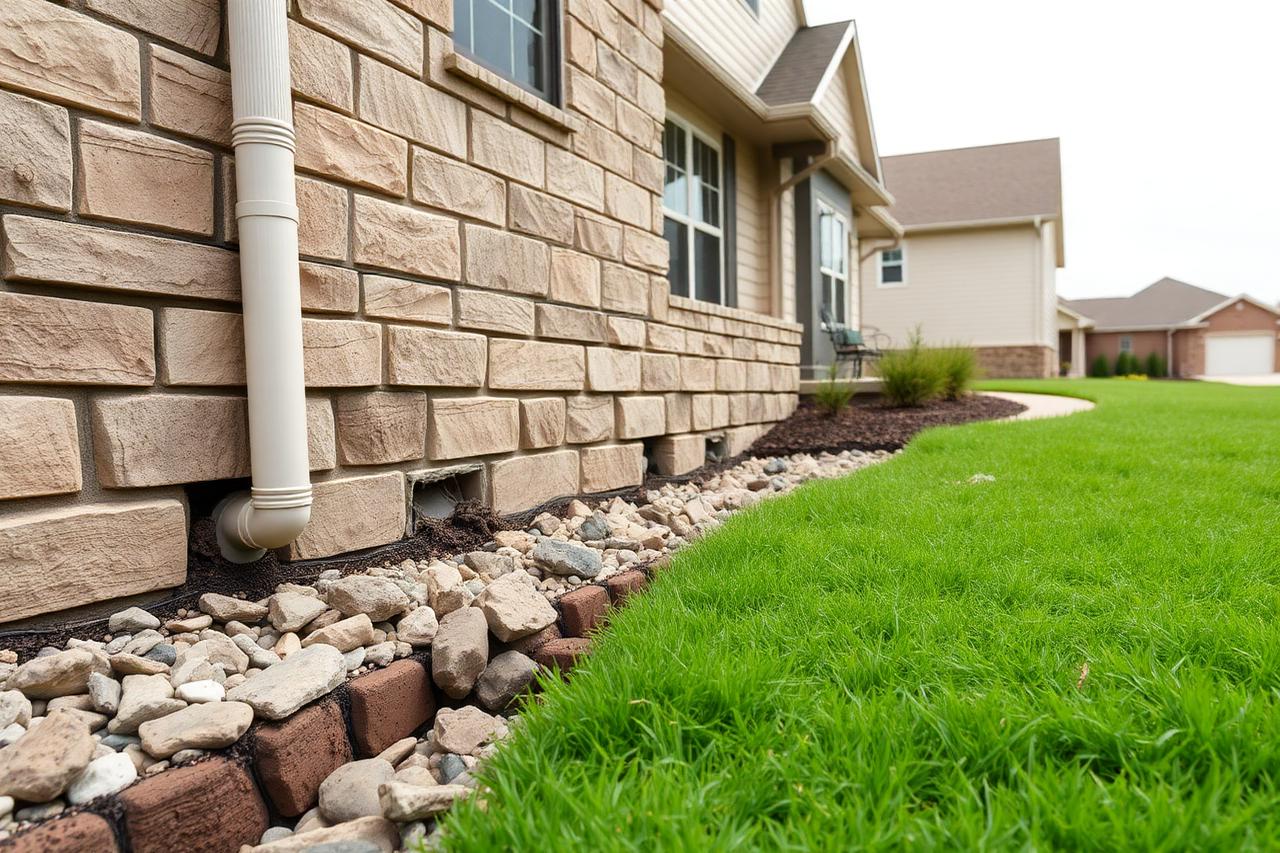 Newly installed French drain with river rock and a piped downspout along the foundation of an Austin home