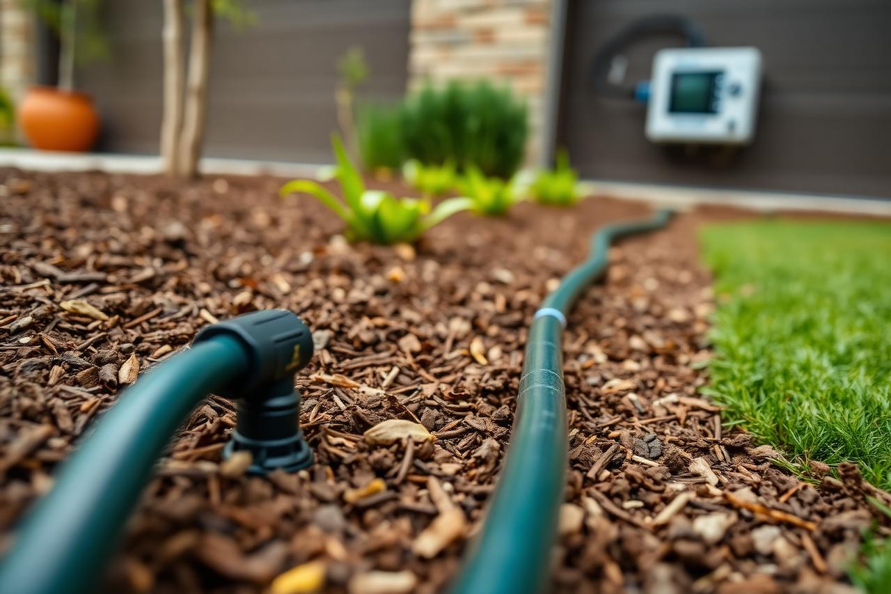 Subsurface drip irrigation tubing installed in a mulched Texas garden bed with a smart wifi controller in the background