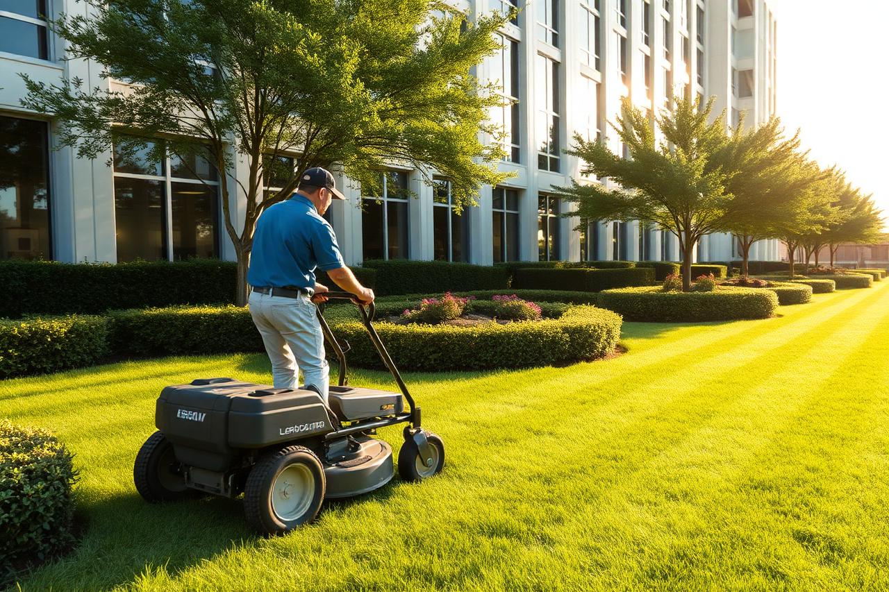 Landscape crew member mowing a striped commercial lawn in front of a modern Austin office building