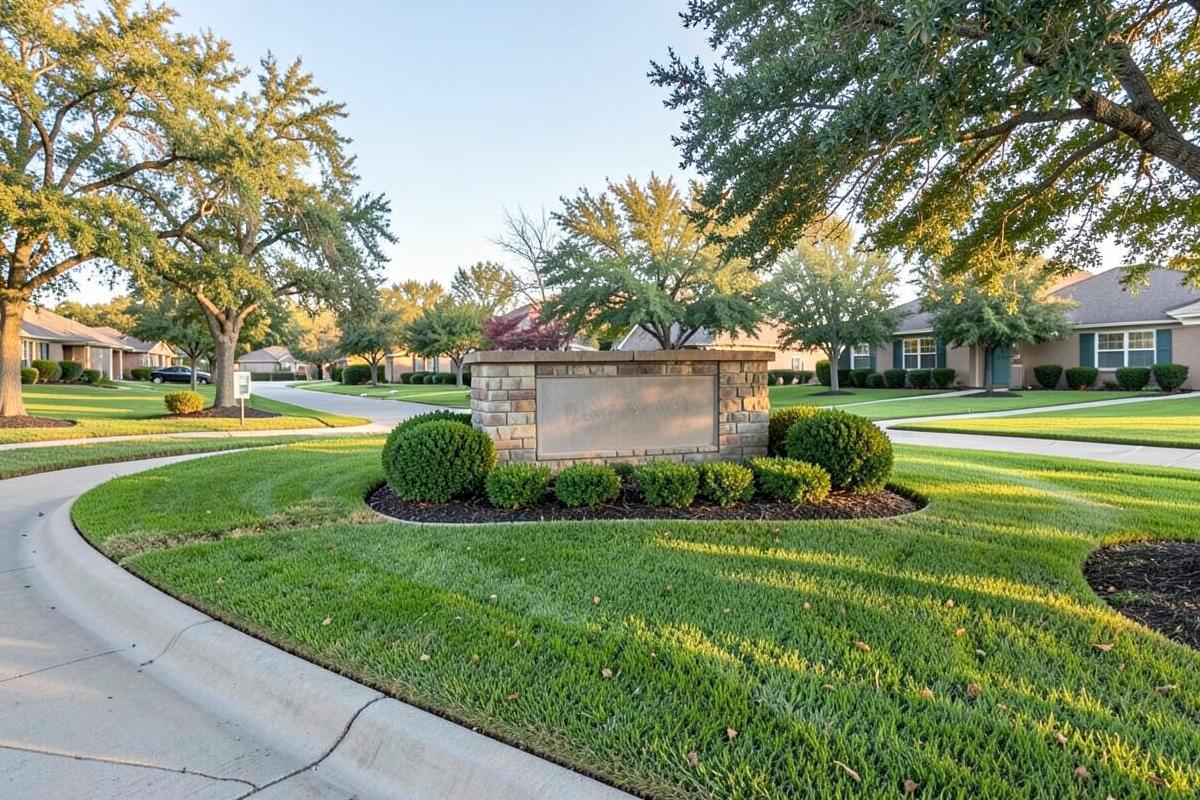 Well maintained HOA neighborhood entrance in Texas with mowed common area turf and clipped bed borders