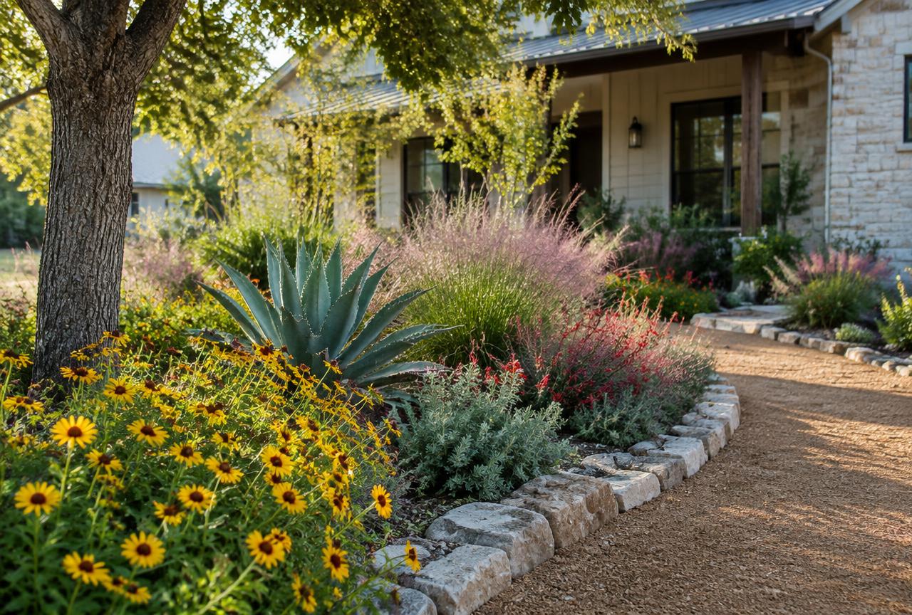 Austin front yard planted with native black-eyed susans, agave, muhly grass and a decomposed granite path edged in limestone