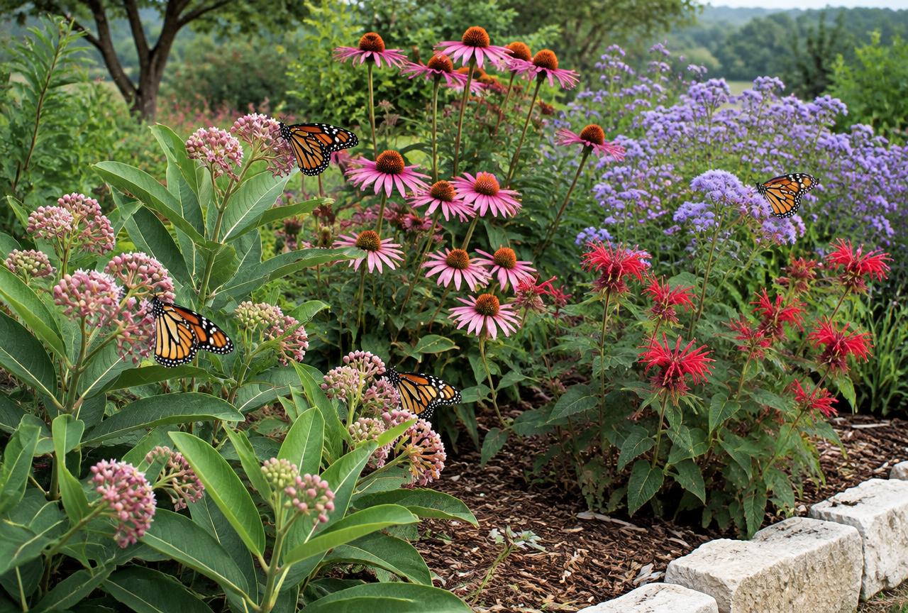 Texas pollinator bed with monarch butterflies on milkweed, purple coneflower, mistflower and red bee balm in mulched beds edged with limestone