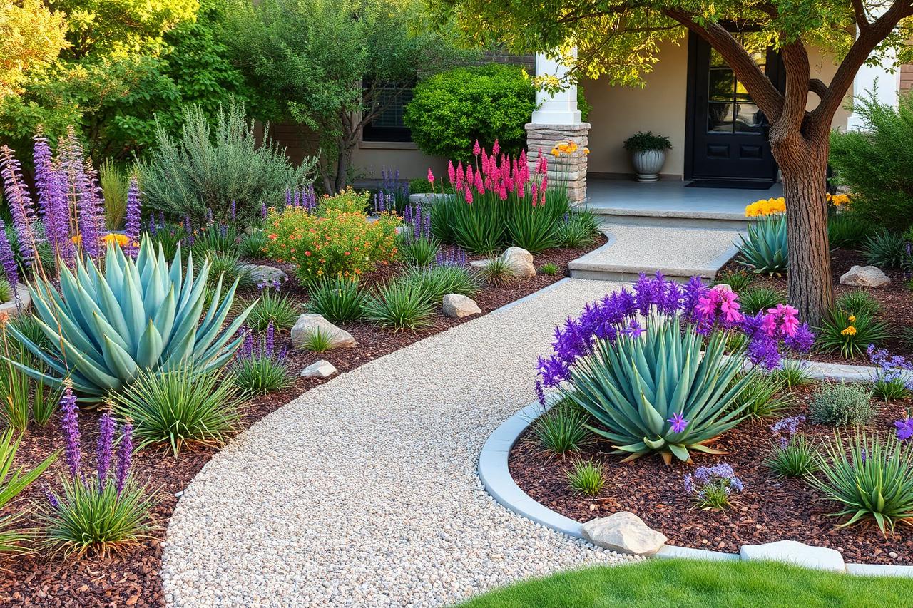 Austin xeriscape front yard with agave, salvia, decomposed granite path, and mulched native perennial beds