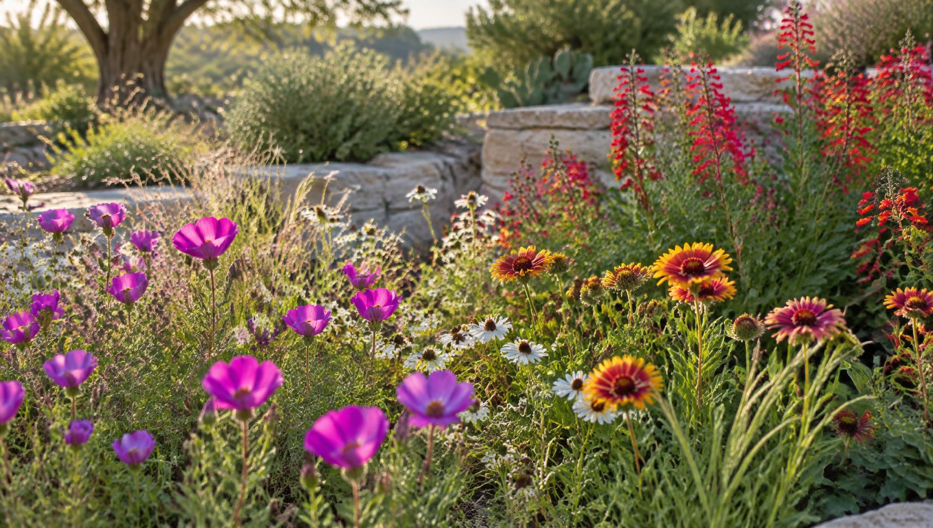 Central Texas native wildflowers in bloom beside limestone borders