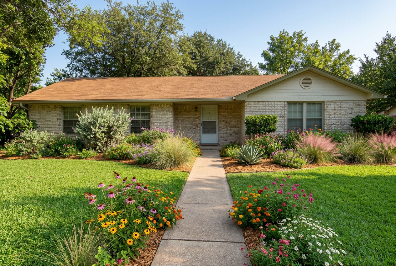 After a Yard Reboot: the same brick home with the walkway cleared and edged, a freshly mowed lawn, and planting beds full of Texas Hill Country natives including purple coneflower, blackeyed Susan, Texas lantana, autumn sage, Texas sage, an agave accent, and Gulf muhly grass.